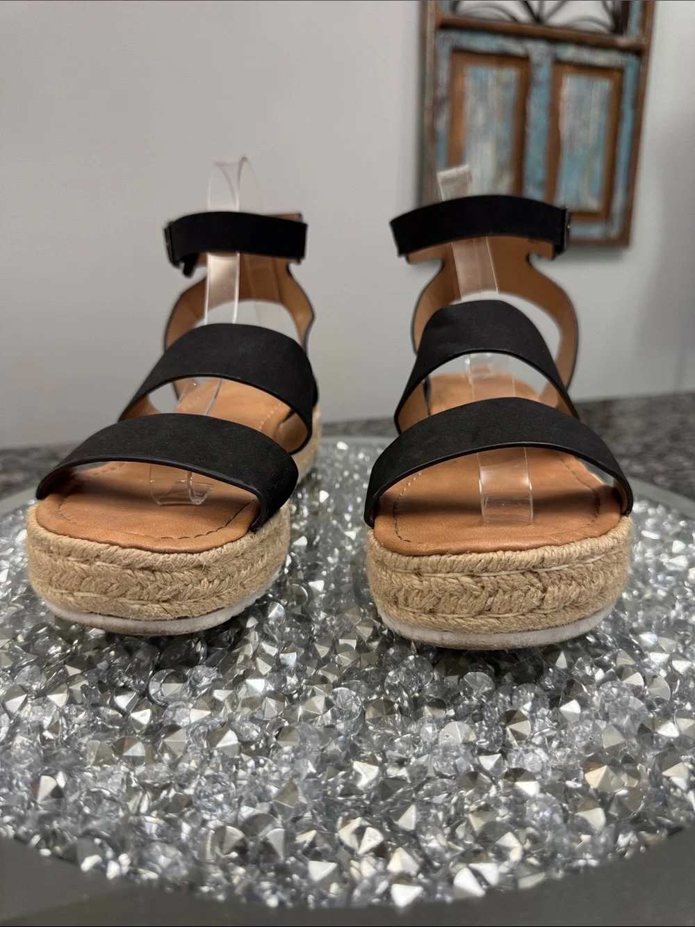Black Platform Espadrille Sandals with Ankle Strap EUC 8.5